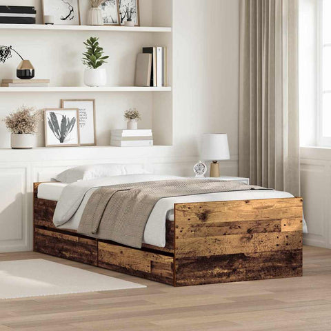 vidaXL Bed Frame with Drawer Old Wood 90 x 200 cm Solid Pine Wood