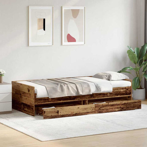 vidaXL Bed Frame with Drawer Old Wood 90 x 200 cm Solid Pine Wood