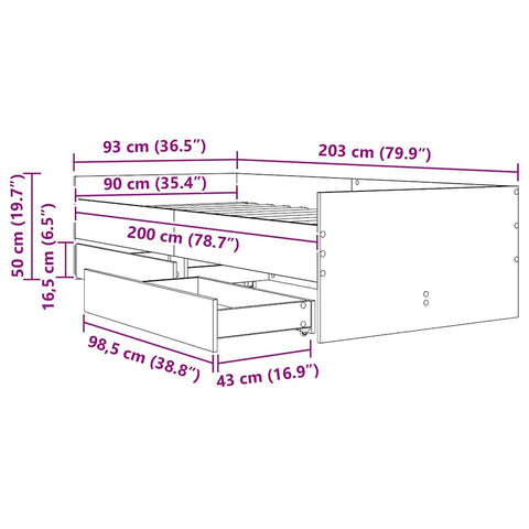 vidaXL Bed Frame with Drawer Old Wood 90 x 200 cm Solid Pine Wood