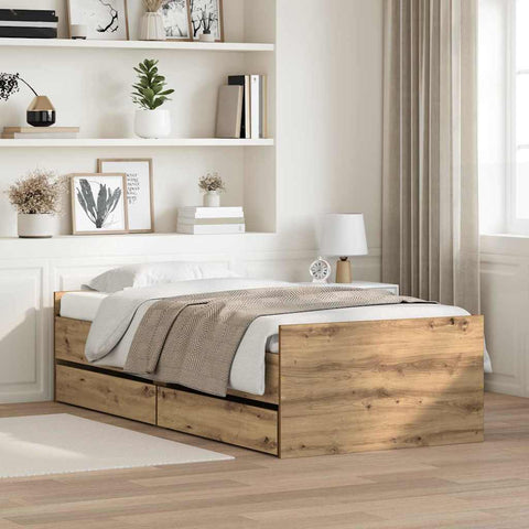 vidaXL Bed Frame with Drawer Artisan Oak 90 x 190 cm Solid Pine Wood