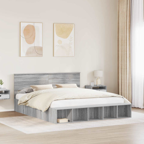 vidaXL Bed Frame with Shelf Grey Sonoma 200 x 200 cm Engineered Wood