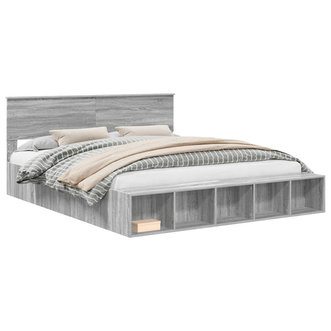 vidaXL Bed Frame with Shelf Grey Sonoma 200 x 200 cm Engineered Wood