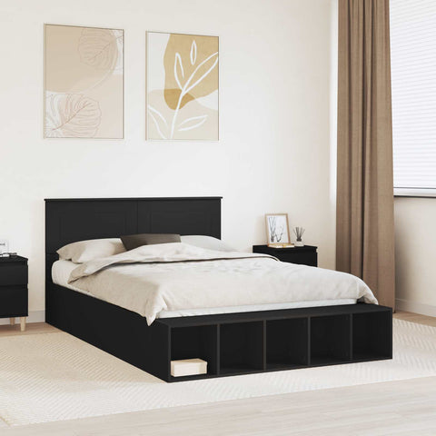 vidaXL Bed Frame with Shelf Manual Black 150 x 200 cm Engineered Wood