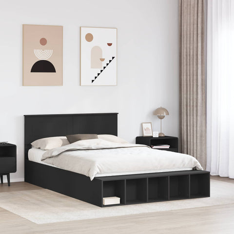 vidaXL Bed Frame with Shelf Manual Black 150 x 200 cm Engineered Wood