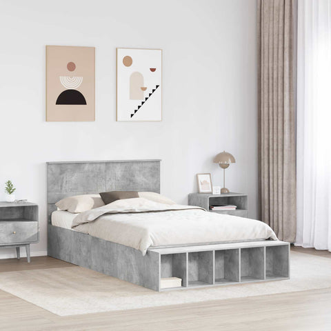 vidaXL Bed Frame with Shelf Concrete Grey 135 x 190 cm Engineered Wood