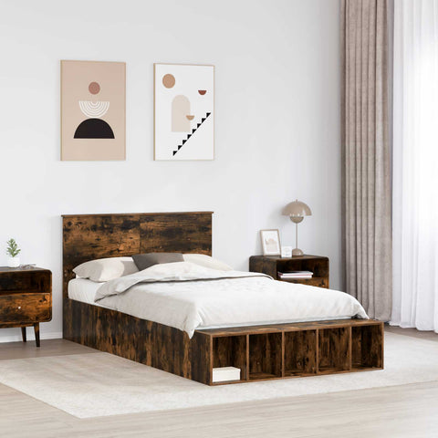 vidaXL Bed Frame with Shelf Smoked Oak 135 x 190 cm Engineered Wood