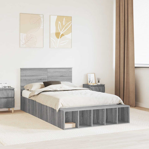vidaXL Bed Frame with Shelf Grey Sonoma 135 x 190 cm Engineered Wood