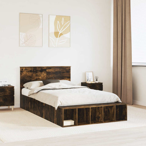 vidaXL Bed Frame with Shelf Smoked Oak 120 x 190 cm Engineered Wood