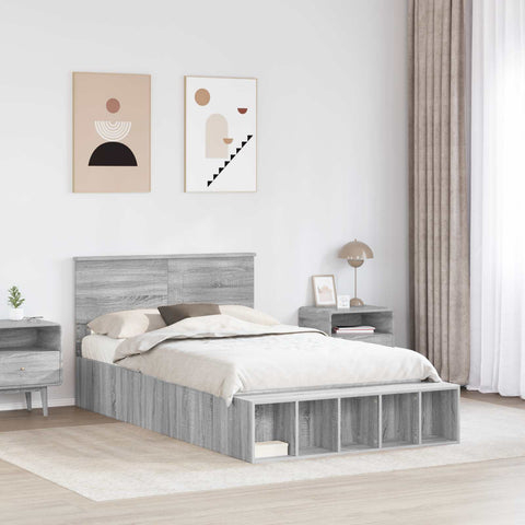 vidaXL Bed Frame with Shelf Grey Sonoma 120 x 190 cm Engineered Wood