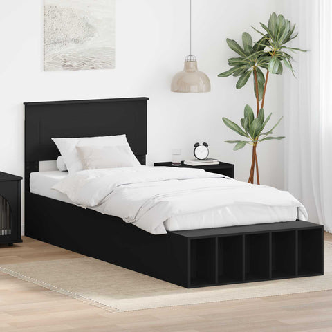 vidaXL Bed Frame with Shelf Manual Black 90 x 190 cm Engineered Wood