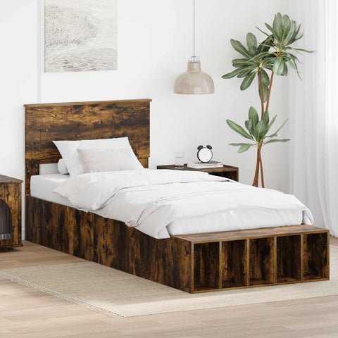 vidaXL Bed Frame with Shelf Smoked Oak 90 x 190 cm Engineered Wood