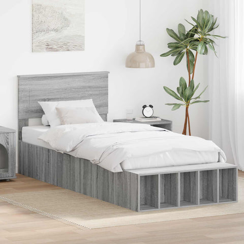 vidaXL Bed Frame with Shelf Grey Sonoma 90 x 190 cm Engineered Wood