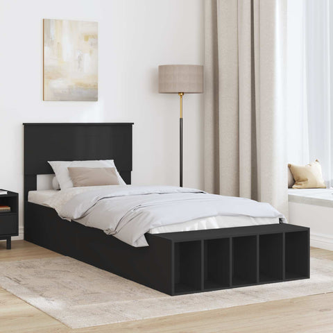 vidaXL Bed Frame with Shelf Manual Black 90 x 200 cm Engineered Wood