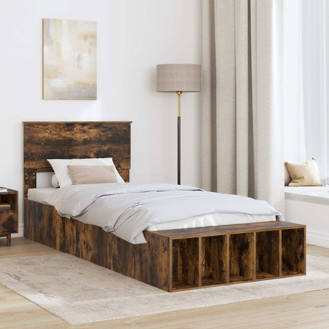 vidaXL Bed Frame with Shelf Smoked Oak 90 x 200 cm Engineered Wood