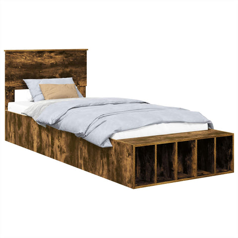 vidaXL Bed Frame with Shelf Smoked Oak 90 x 200 cm Engineered Wood