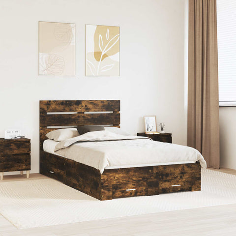 vidaXL Bed Frame with Drawer Smoked Oak 135 x 190 cm Engineered Wood