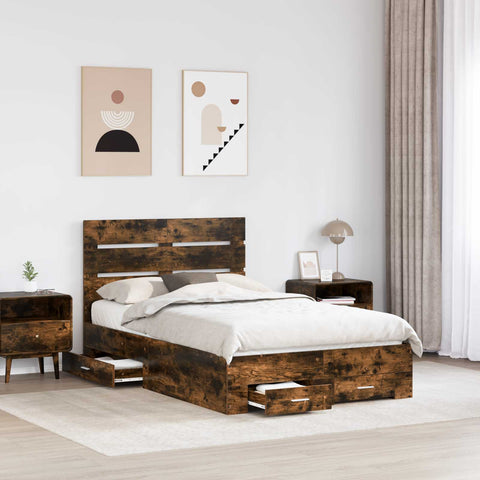 vidaXL Bed Frame with Drawer Smoked Oak 135 x 190 cm Engineered Wood