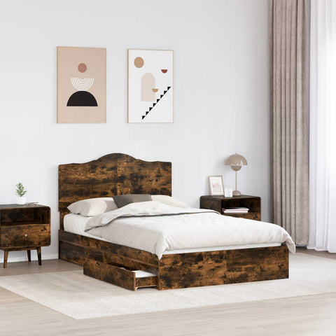 vidaXL Bed Frame with Drawer Smoked Oak 135 x 190 cm Engineered Wood