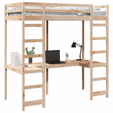 vidaXL Loft Bed Frame Natural 90 x 200 cm Solid Pine Wood