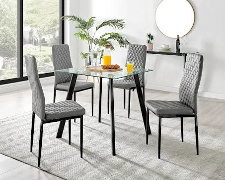 Furniture Box Seattle Glass and Black Leg Square Dining Table & 4 Grey Milan ...