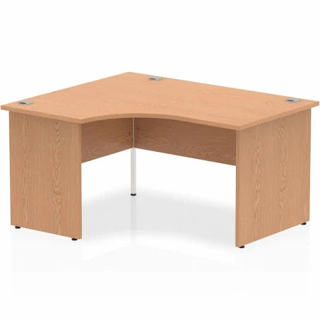 Impulse 1400mm Left Hand Curved Desk, Oak Top with Wooden Panel Legs