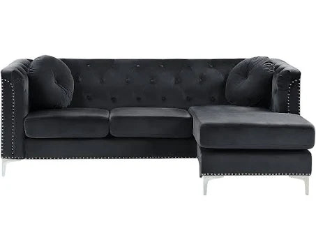 Beliani Corner Sofa Black Velvet Upholstered 3 Seater Left Hand L-Shaped Glamour ...