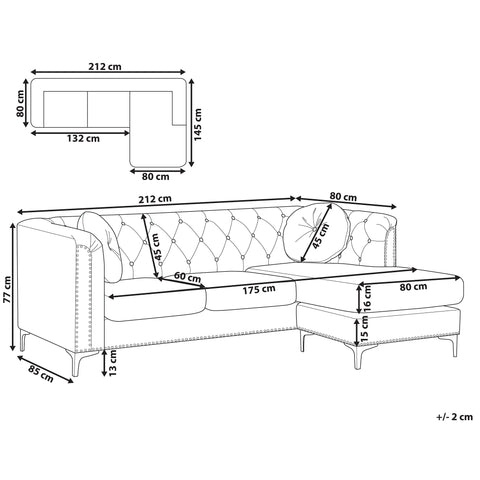 Beliani Corner Sofa Black Velvet Upholstered 3 Seater Left Hand L-Shaped Glamour ...