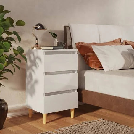 vidaXL Bed Cabinet with Solid Wood Legs High Gloss White 40x35x69 cm