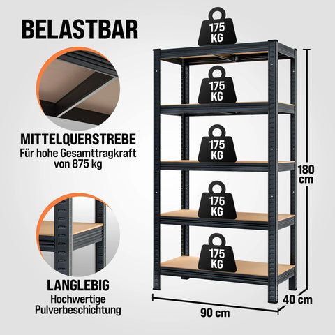 monzana Heavy Duty Shelving 180x90x40cm Black 875kg