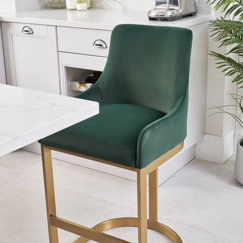Clara Green Velvet Upholstered Counter Kitchen Stool with Gold Steel Frame