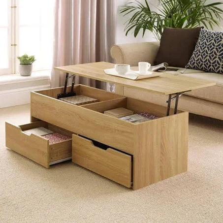 Home Source Bruges 2 Drawer Lift-Up Coffee Table Storage Unit - Light Oak
