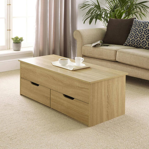 Home Source Bruges 2 Drawer Lift-Up Coffee Table Storage Unit - Light Oak