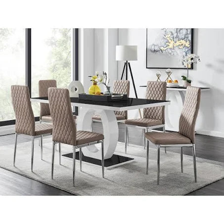Giovani High Gloss and Glass Dining Table and 6 Milan Chairs Set - Cappuccino