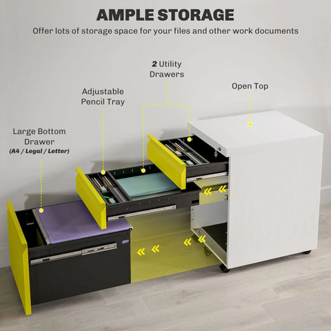 Vinsetto 3 Drawer File Cabinet, Lockable Metal Filling Cabinet Yellow