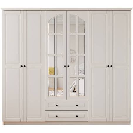 Evuhome Maison 6 Door 2 Drawer Mirrored White Wardrobe