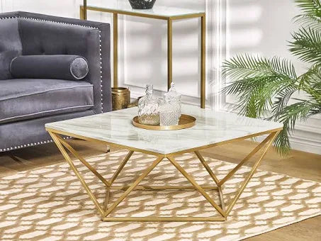 Beliani Coffee Table Marble Effect Gold and White Malibu