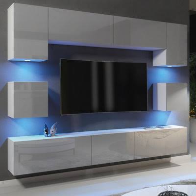 Panorama Wall TV Unit White & Grey with High Gloss Doors and LED Lighting ...