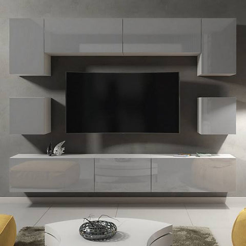 Panorama Wall TV Unit White & Grey with High Gloss Doors and LED Lighting ...