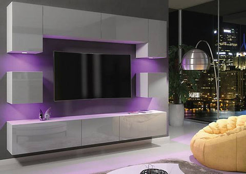 Panorama Wall TV Unit White & Grey with High Gloss Doors and LED Lighting ...