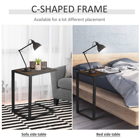 HOMCOM Industrial C-Shape Side Table with Steel Frame, Brown