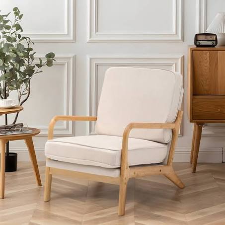 65cm Wide Linen Upholstered Wooden Armchair - Beige