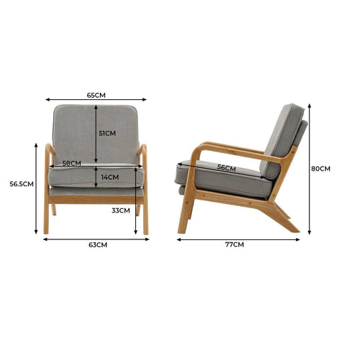 65cm Wide Linen Upholstered Wooden Armchair - Beige