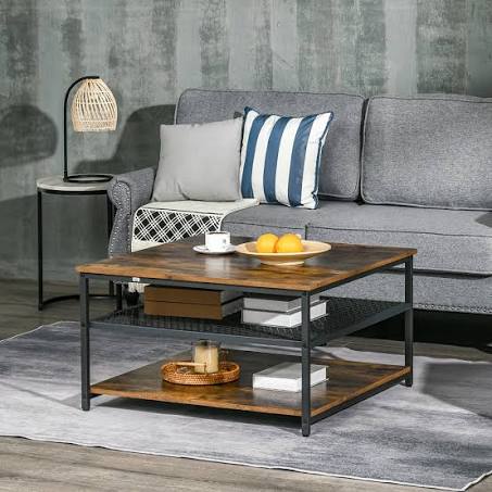 HOMCOM Industrial Coffee Table with 3-Tier Storage Shelves Rustic Brown