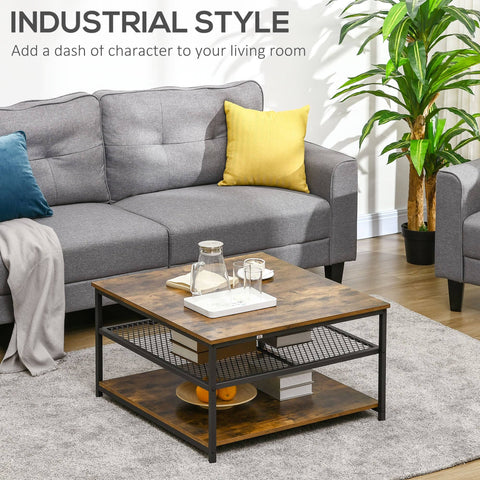 HOMCOM Industrial Coffee Table with 3-Tier Storage Shelves Rustic Brown
