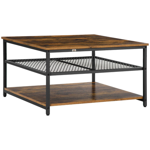 HOMCOM Industrial Coffee Table with 3-Tier Storage Shelves Rustic Brown