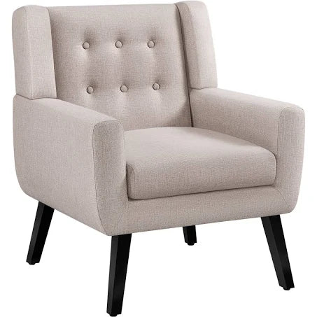 Button Tufted Armchair with Solid Wood Legs - Beige