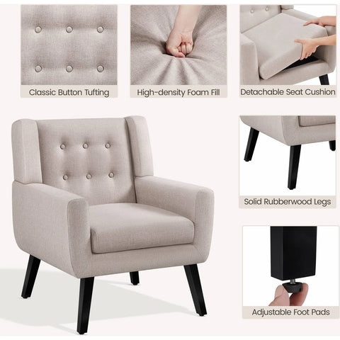Button Tufted Armchair with Solid Wood Legs - Beige