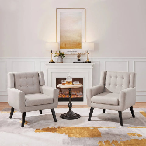 Button Tufted Armchair with Solid Wood Legs - Beige