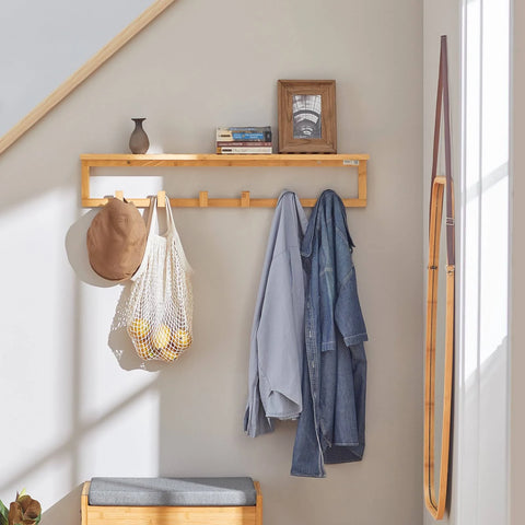 SoBuy Bamboo Wall Coat Rack Shelf with 6 Hooks,FHK06-N