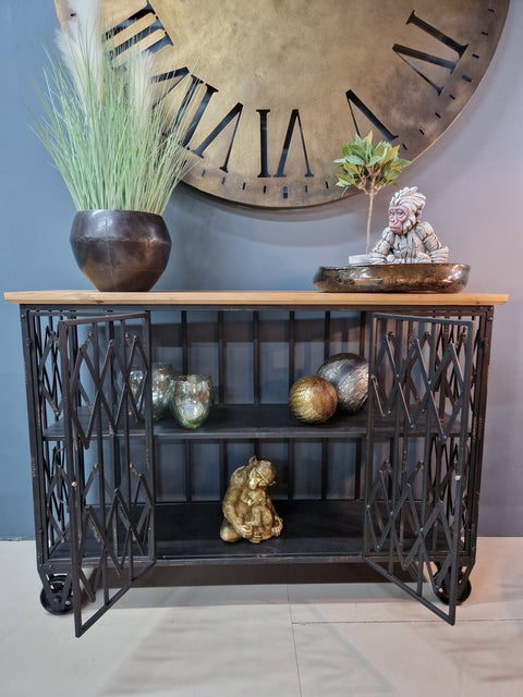 Industrial Sideboard, Shelving Unit, Black Metal Frame, Wooden Top